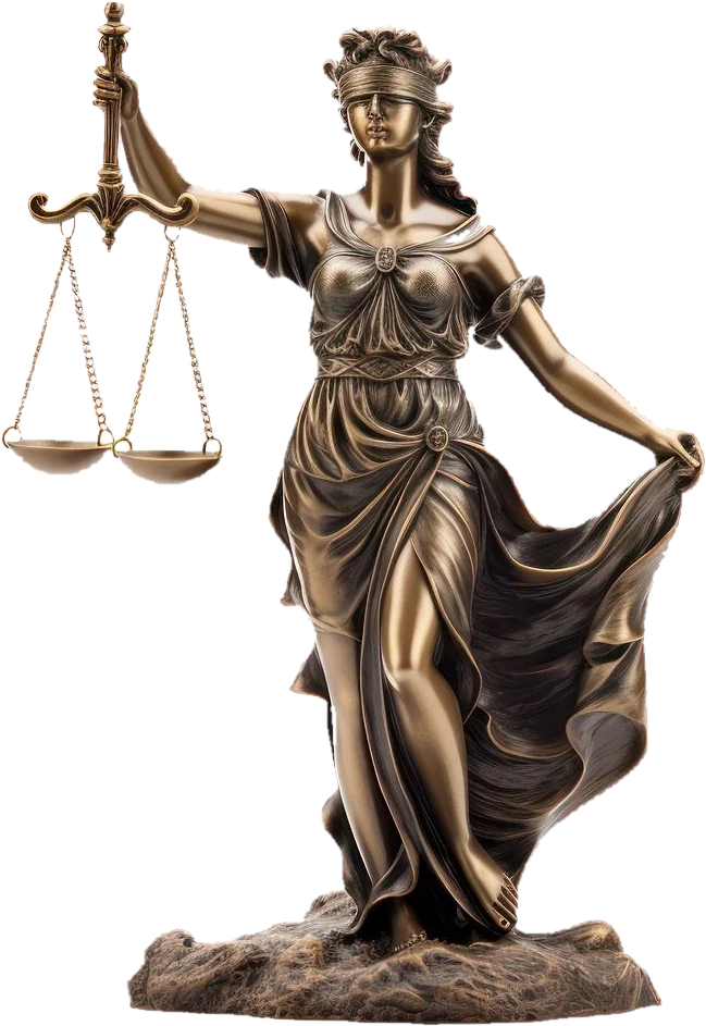 Estátua da Justiça em bronze, com balança e venda nos olhos